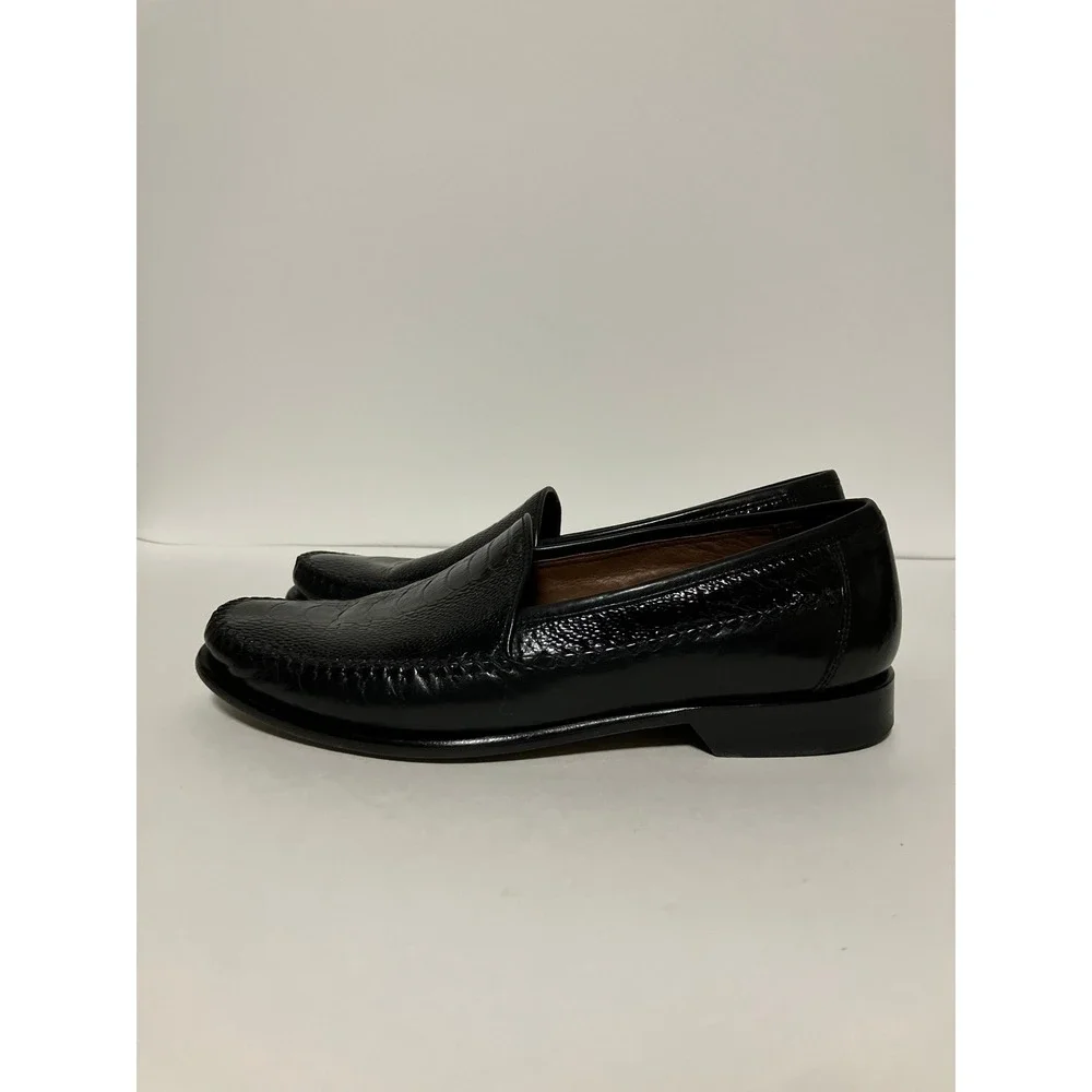 Johnston & Murphy Mens Ostrich Embossed Loafers 9.5M Black Leather Dress Shoes